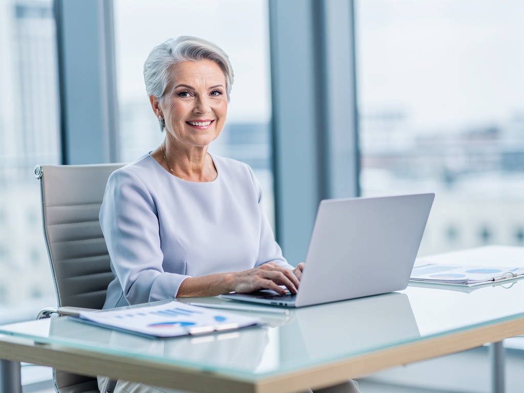 Seniorin informiert sich entspannt am Laptop über Festgeld-Angebote